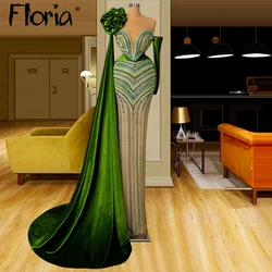 Luxury Heavy Handmade Crystals Long Sleeve Evening Dress Green Beaded Prom Sheath Dress Dubai Custom Made 2024 Vestidos De Noche