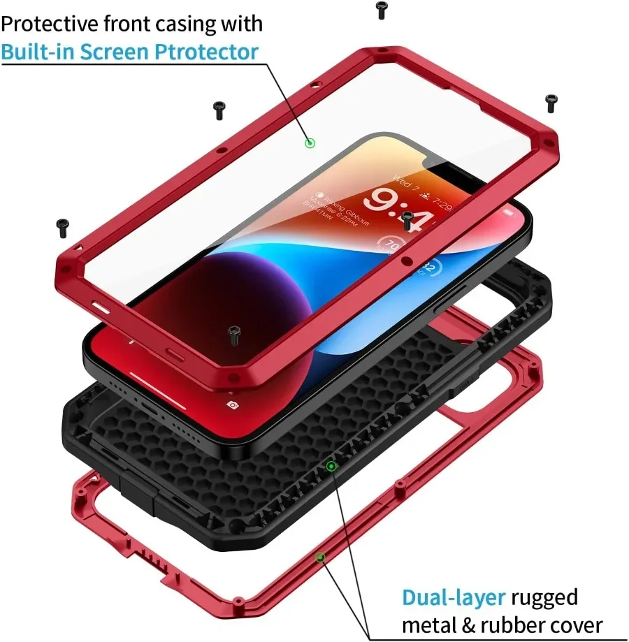 Heavy Duty Shockproof Aluminium Metal Case For iPhone 15 14 13 12 11 Pro Max XS XR 8 7 Plus Rugged Armor Cover Screen Protector