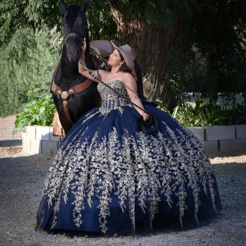 

Shiny dark blue Quinceanera Dress off-shoulder Glitter Decal Long tail Bow Vestidos De 15 Quinceanera ﻿Customize