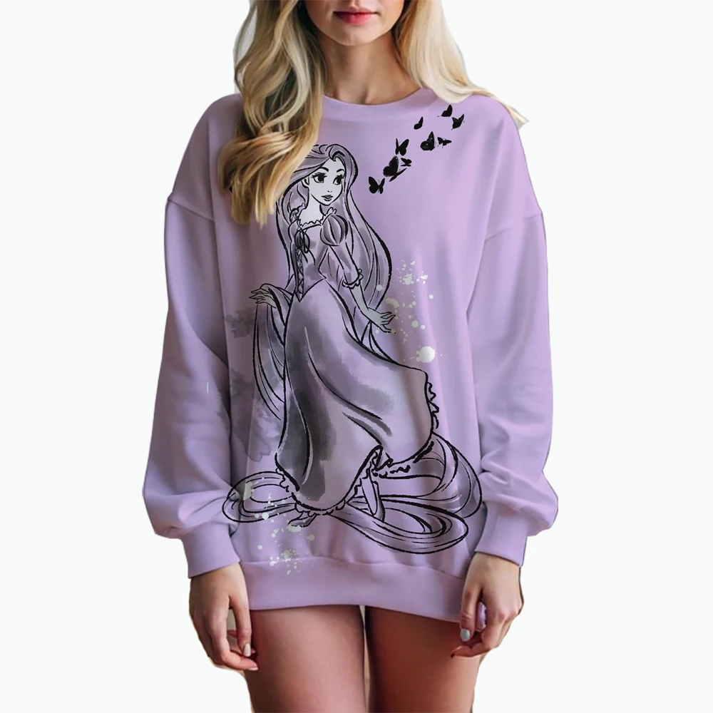 

Princess Spring Cartoon Pink Printed Round Neck Sweater Women's Loose Cute Thin Casual Top Hoodie