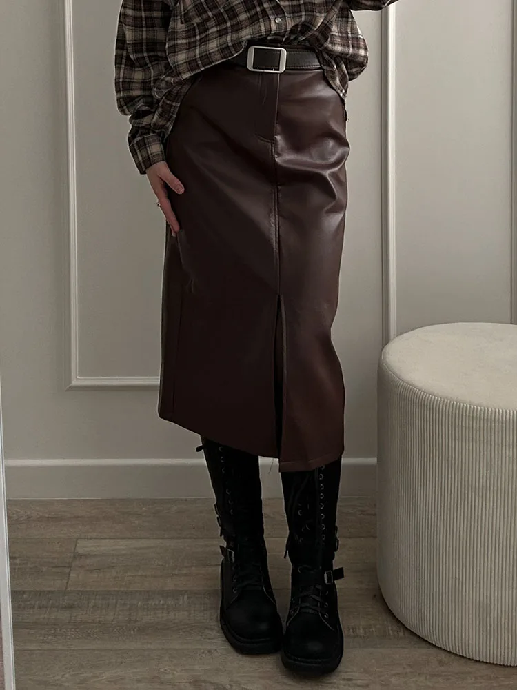 Long Leather Skirts For Women Brown High Quality PU Midi Bodycon Skirt Front Split High Waist Women's Leather Skirt Black Midi