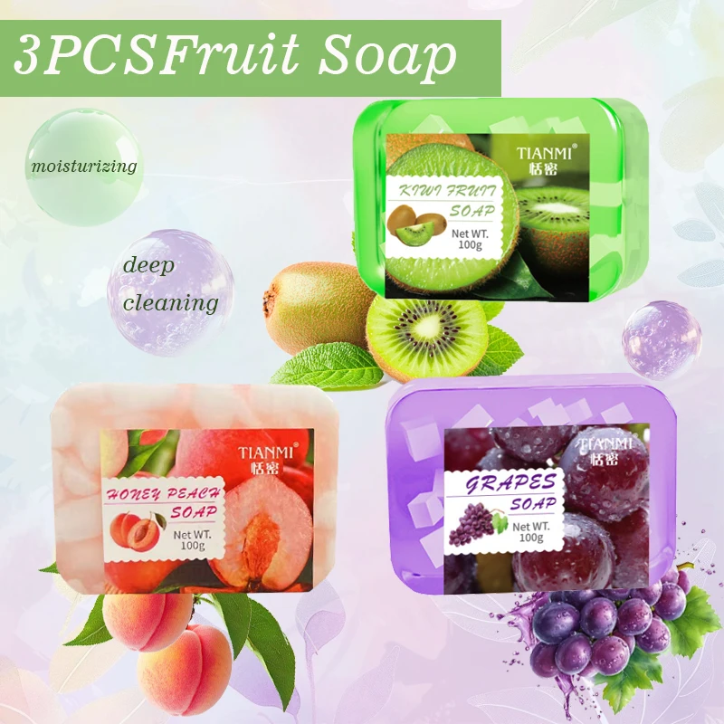 3 قطع صابون جيلي فواكه، فاكهة الكيوي، العنب، صابون جيلي خوخ، بنكهات مختلفة للاختيار من بينها، تنظيف عميق ومكياج #1