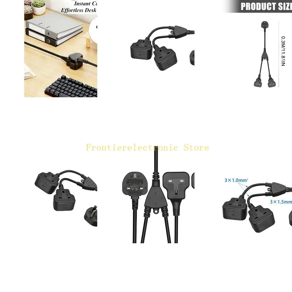 G8DB Short 3Prong Plug Adapter Extension Cable with Double Sockets Outputs for Desks