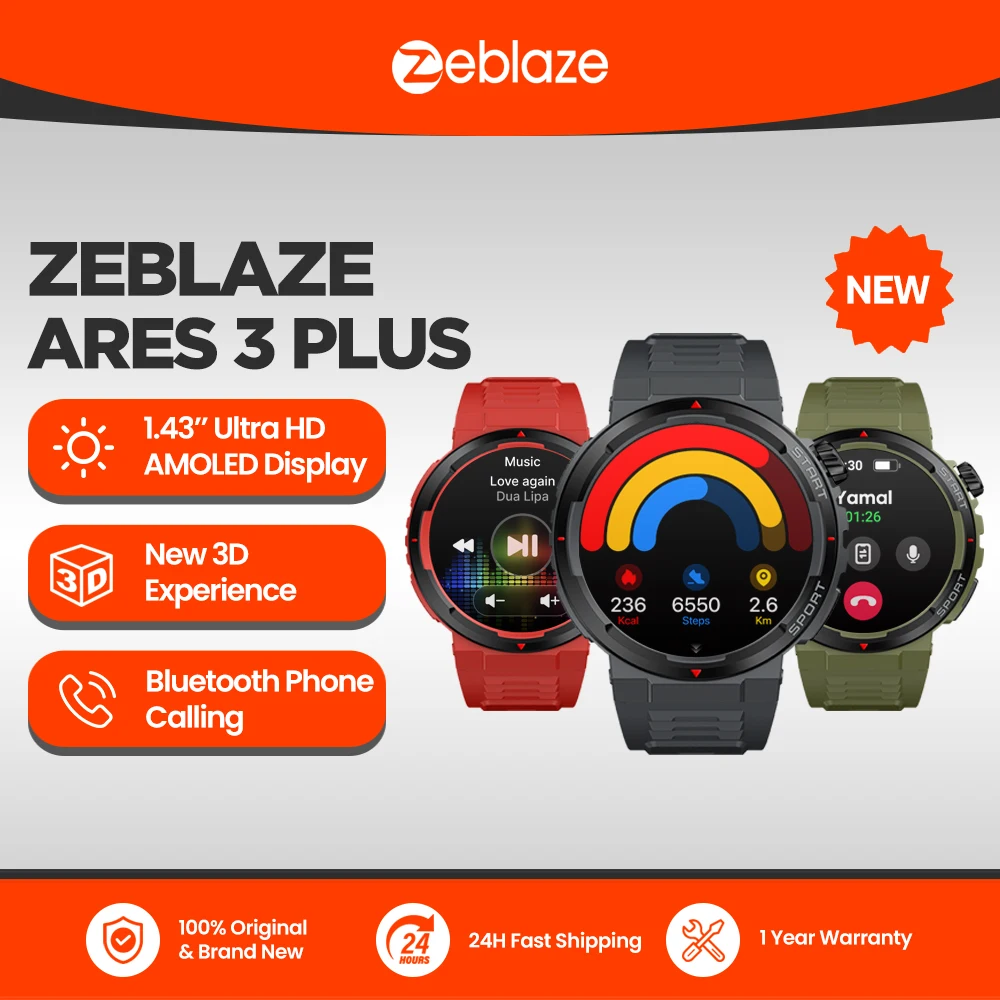 새로운 Zeblaze Ares 3 Plus 1.43인치 HD AMOLED 디스플레이 음성 통화 Smartwatch 새로운 3D 대화형 건강 및 피트니스 추적 스마트 시계