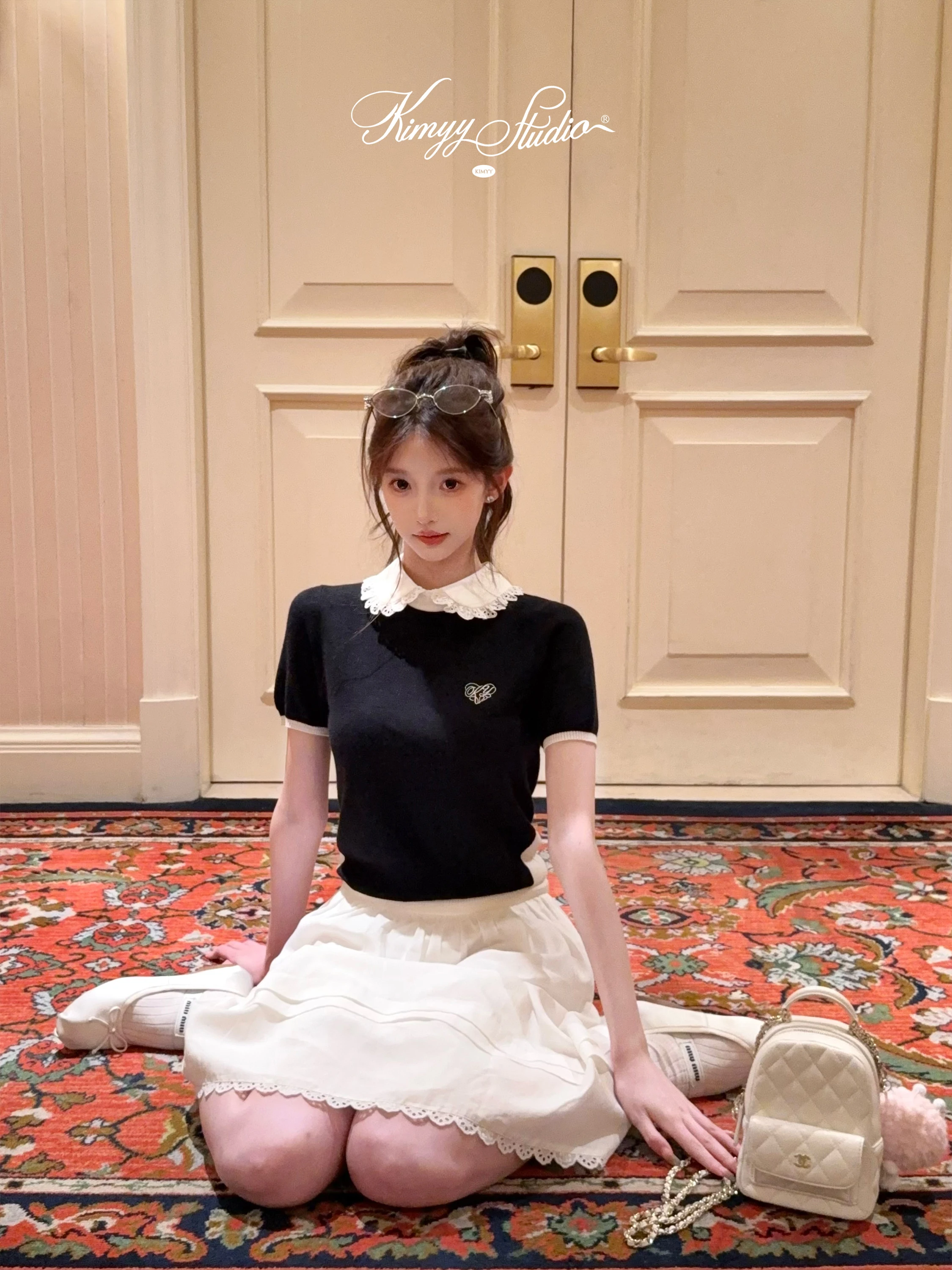 

KIMYY Gold Lace Collar Silk Wool T-irt Miu Series Linen f Skirt Casual Fit round Ne ort Sve Color