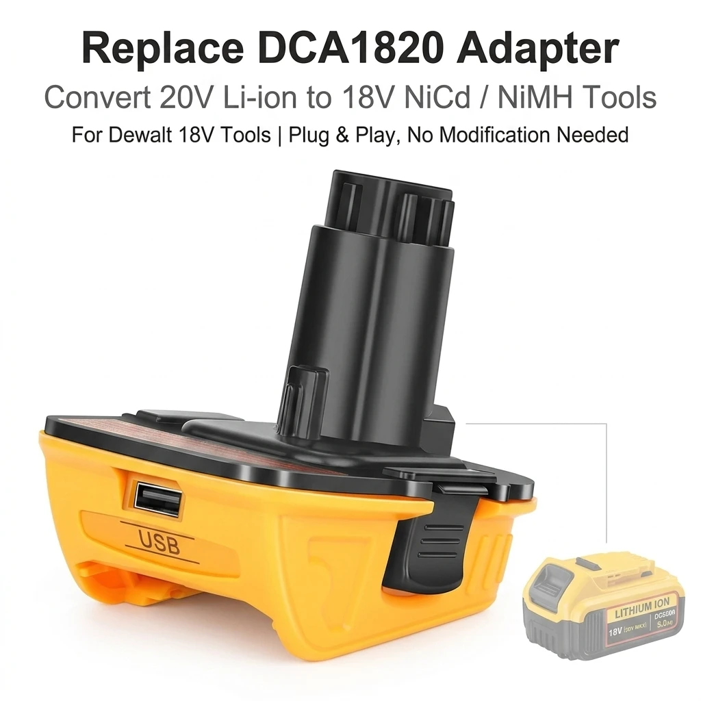 DCA1820 Battery Adapter for DeWALT 18V Tools 20V Li-ion to 18V NiCd/NiMH Converter USB Output Fits DCB200/201/203/204/205