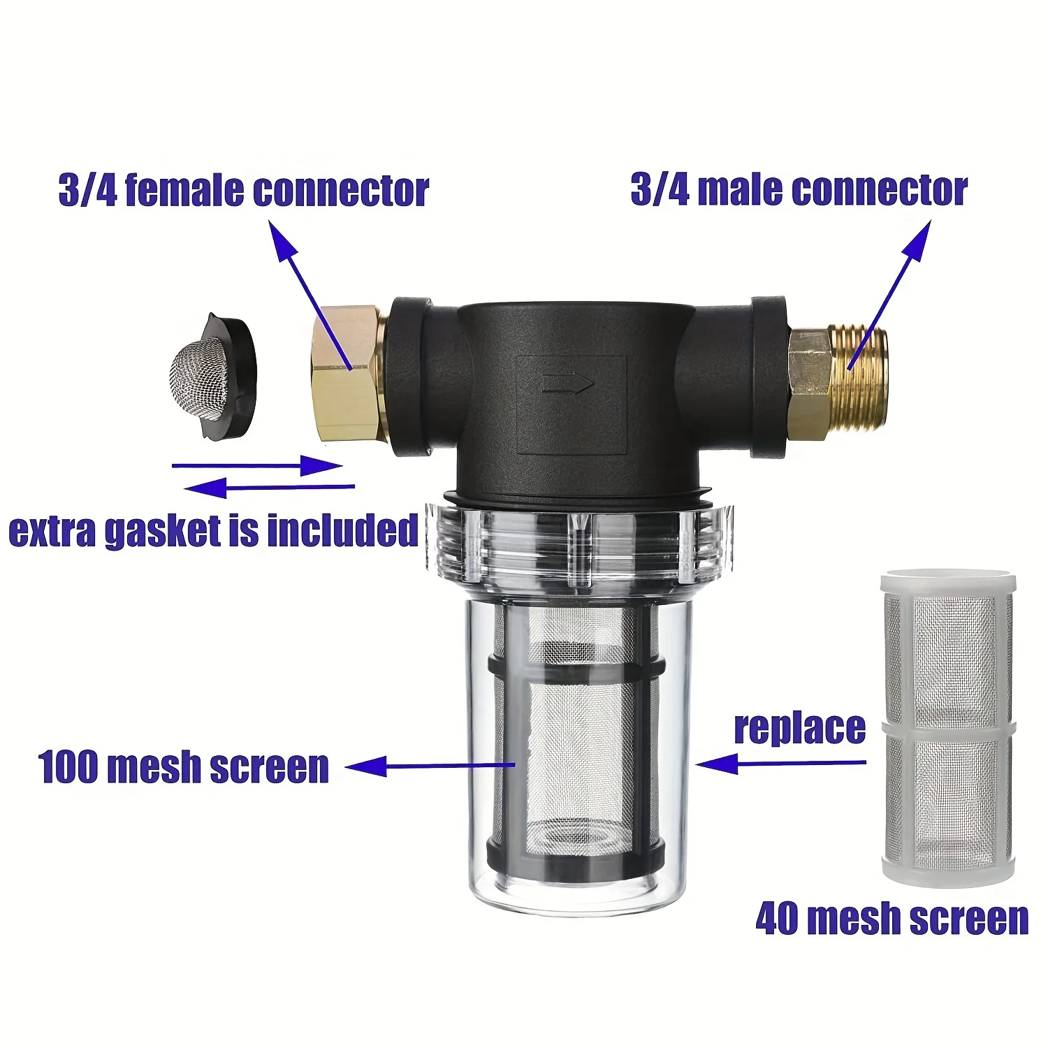 Mangueira de jardim para lavadora a pressão, Filtro Inline para sedimentos, Água de entrada, 40 Mesh Screen