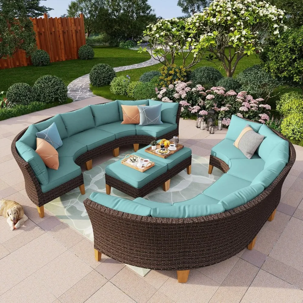 

12 Piece Courtyard Lounge Set, Half Moon Rattan Outdoor Furniture Sofa Set, Curved Circular Rattan Sofa Set