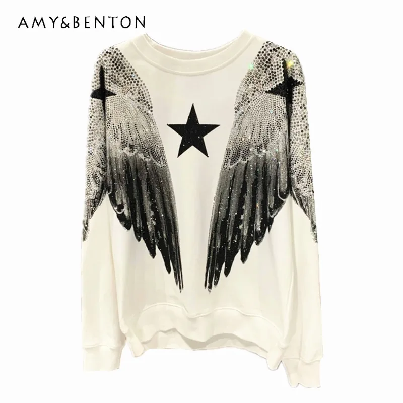 

Big C Autumn Luxury Sweatshirts For Men And Women Heavy EmbroideryFull Diamond Drills Big Wings Wing O-Neck Pullovers Couple Top