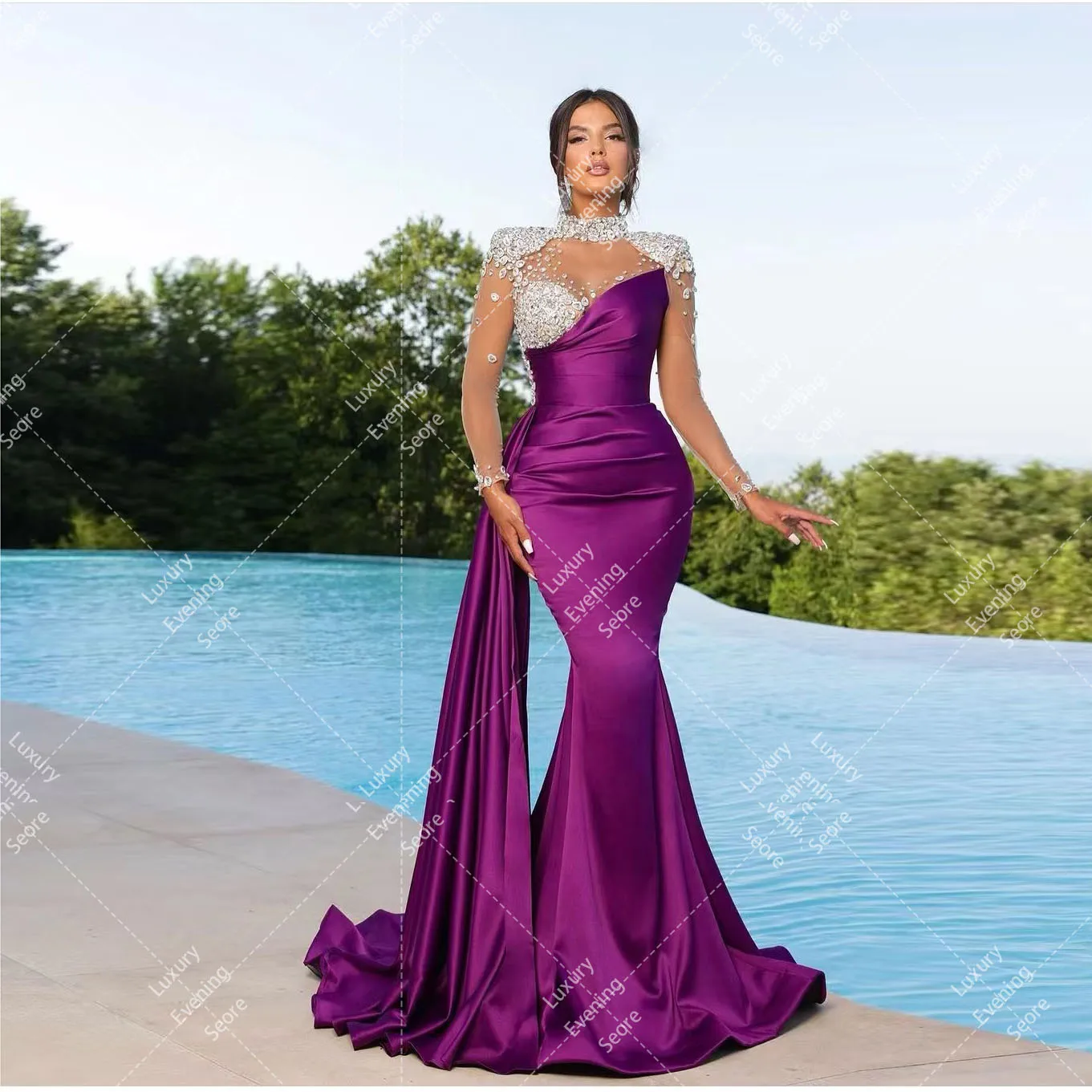 Morden Crystal Evening Dresses For Woman Mermaid Illusion High Neck Light Satin Formal Celebrity Prom Gowns Vestidos De Fiesta