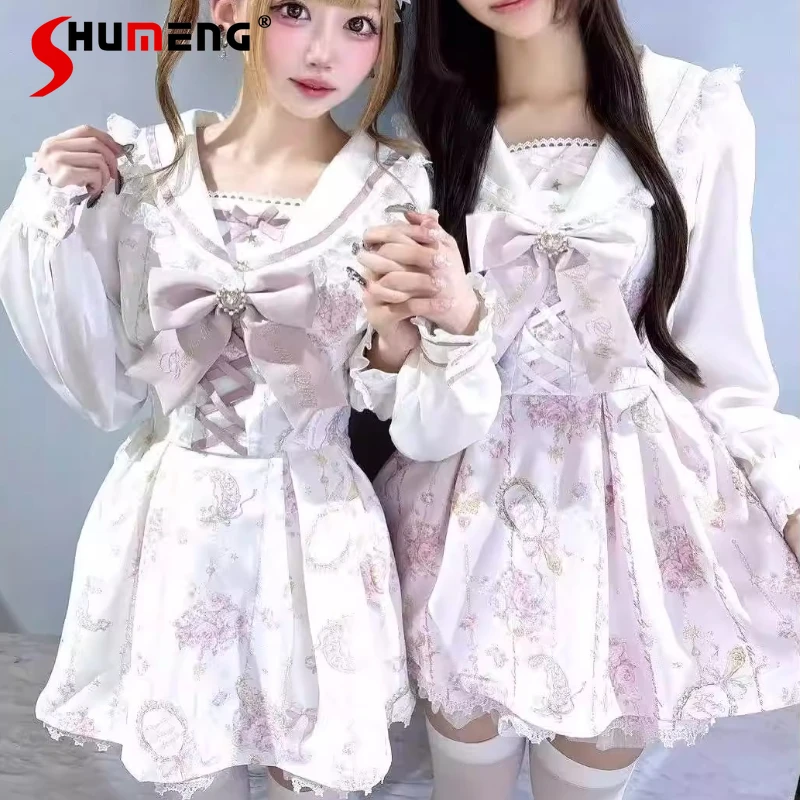 ชุดเดรสแขนยาวลายโบว์น่ารักสไตล์ญี่ปุ่น ลิซ มายน์ ผลิตจำนวนมาก คอลเลคชั่นฤดูใบไม้ร่วง ชุดกระโปรง 2 ชิ้น สำหรับเด็กผู้หญิง สีกรมท่า คอปก