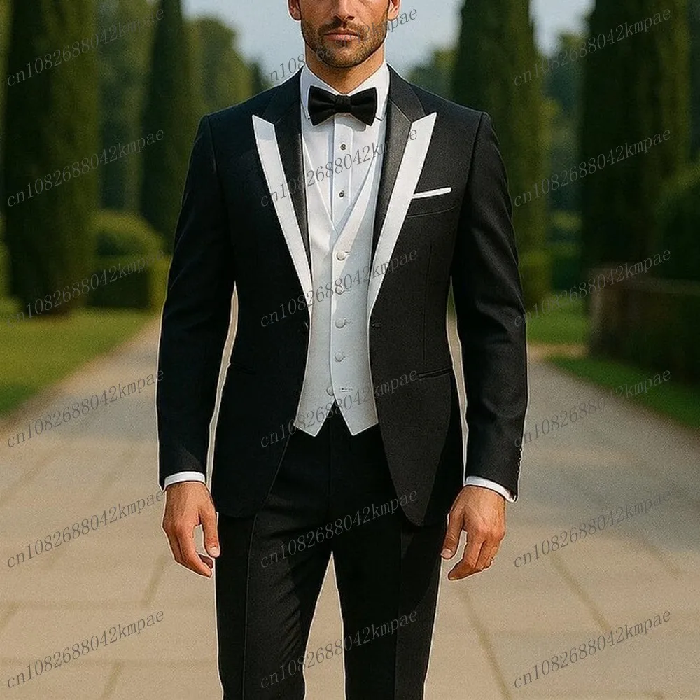 

New White Black Formal Men Suit Groom Groomsman Wedding Party Prom Business Male Tuxedos 3 Piece Set Blazer Vest Pants