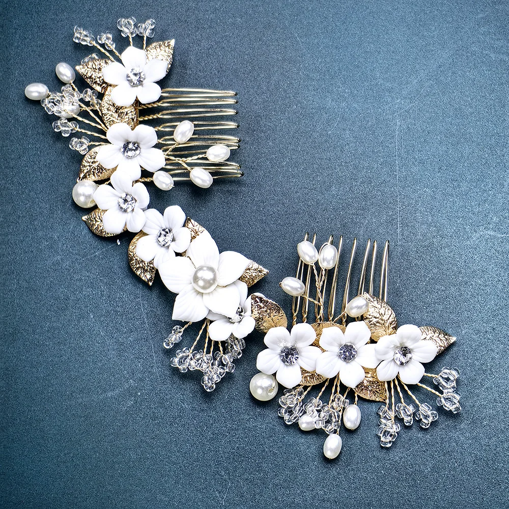 Ceramic Flower Bridal Hair Comb Pearl Wedding Hair Ornament Crystal Wedding Tiara Bridal and Bridesmaid Rhinestone Hair Ornament