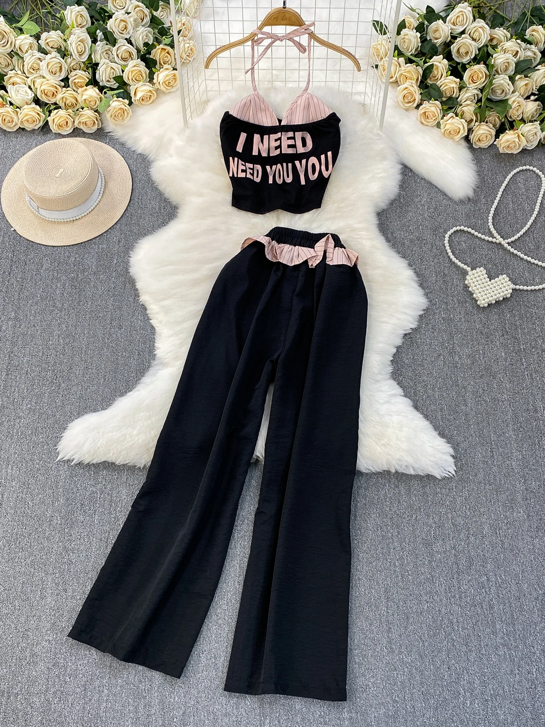 طقم ثلاثي القطع على الطراز الأمريكي: توب أنبوبي محبوك مثير مع طباعة حروف، وبنطلون طويل عالي الخصر للتنحيف #4