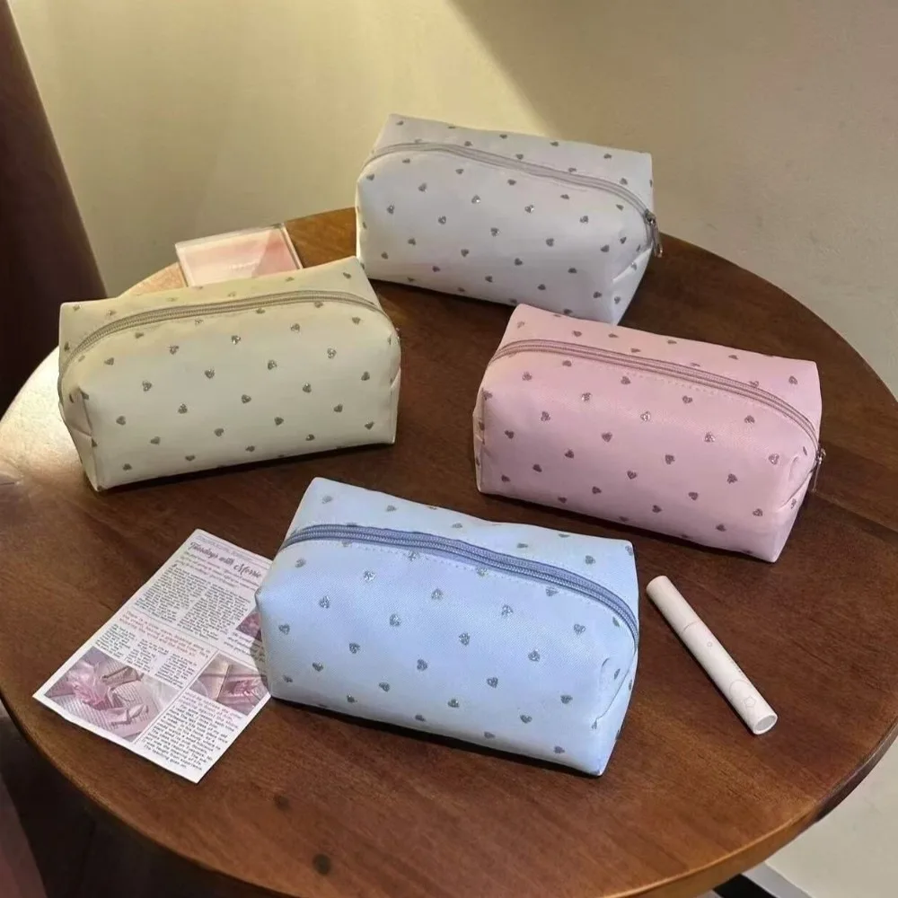 1Pc Korean Style Heart Print Makeup Bag Portable Multi-use Toiletry Bag Large Capacity Cosmetic Pouch Women Girls