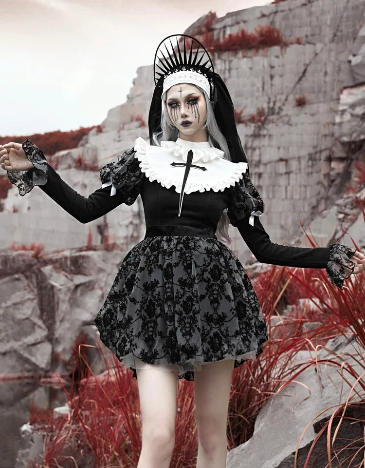 

Blood Supply Original Gothic Black Cross Dress Nun Halloween Flocking Long Bubble Sleeve Mesh Rose Mini Dress Autumn Spring