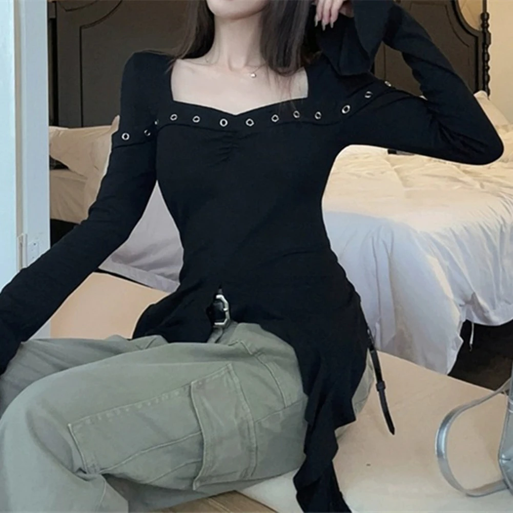 

Irregular Waist Tee Square Neck T-shirt Casual Occasion Brand New Casual Style Long Sleeve Slim Fit Solid Color