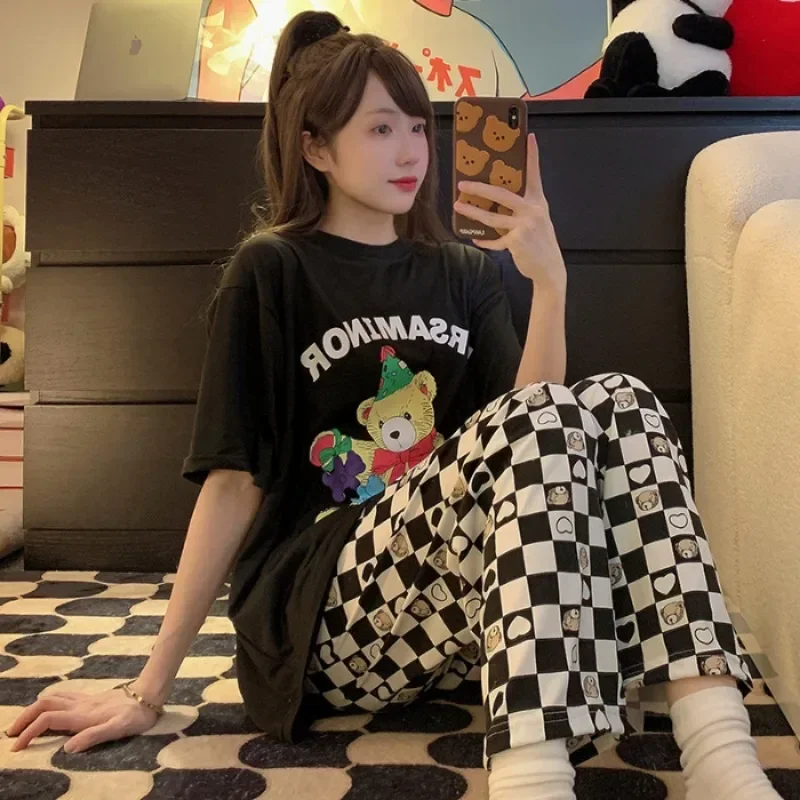 140Kg Large Size Korean Ins Pajamas Set for Women Cartoon Short Sleeve Trousers Can Be Worn Outside 2-piece Loose Home Clothes