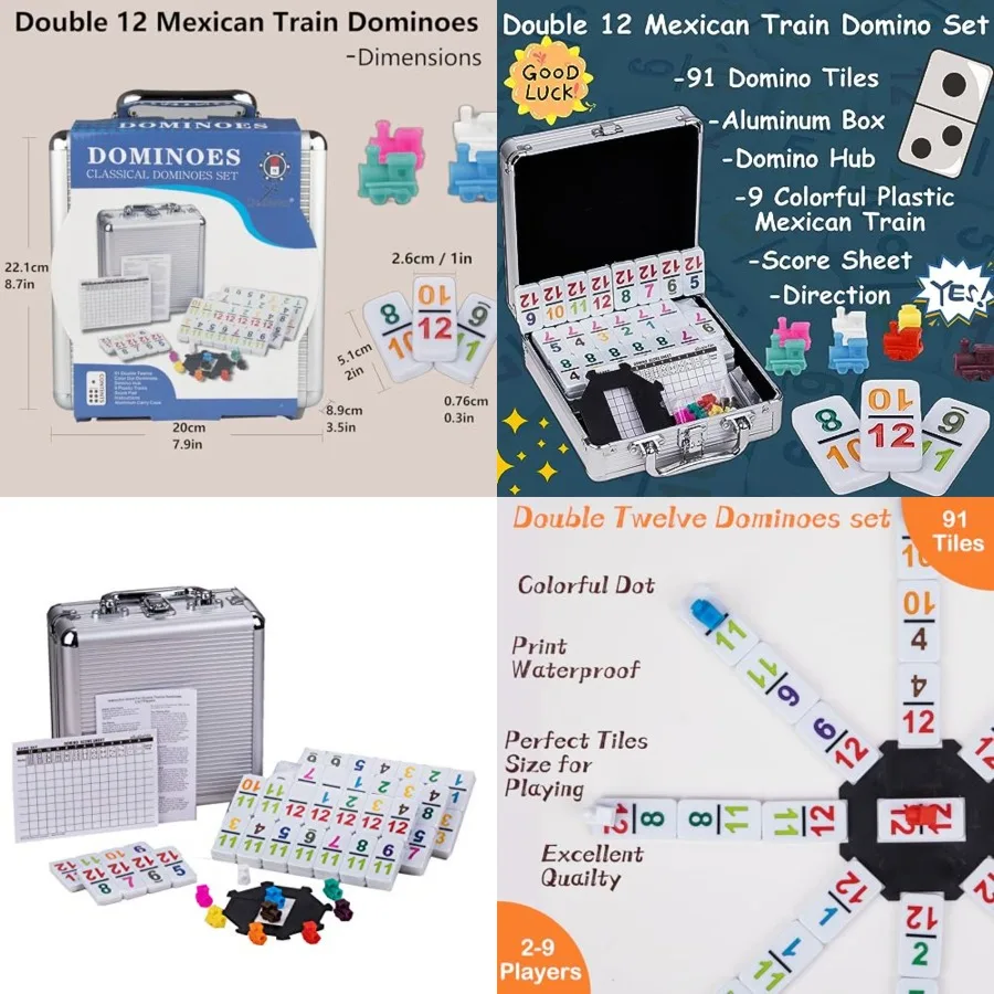 

Mexican Train Dominoes with Color Numbers, Numerical Game, Chicken Feet Dominoes Set with Aluminum Case, 91 Tiles Domino2-10 Pl
