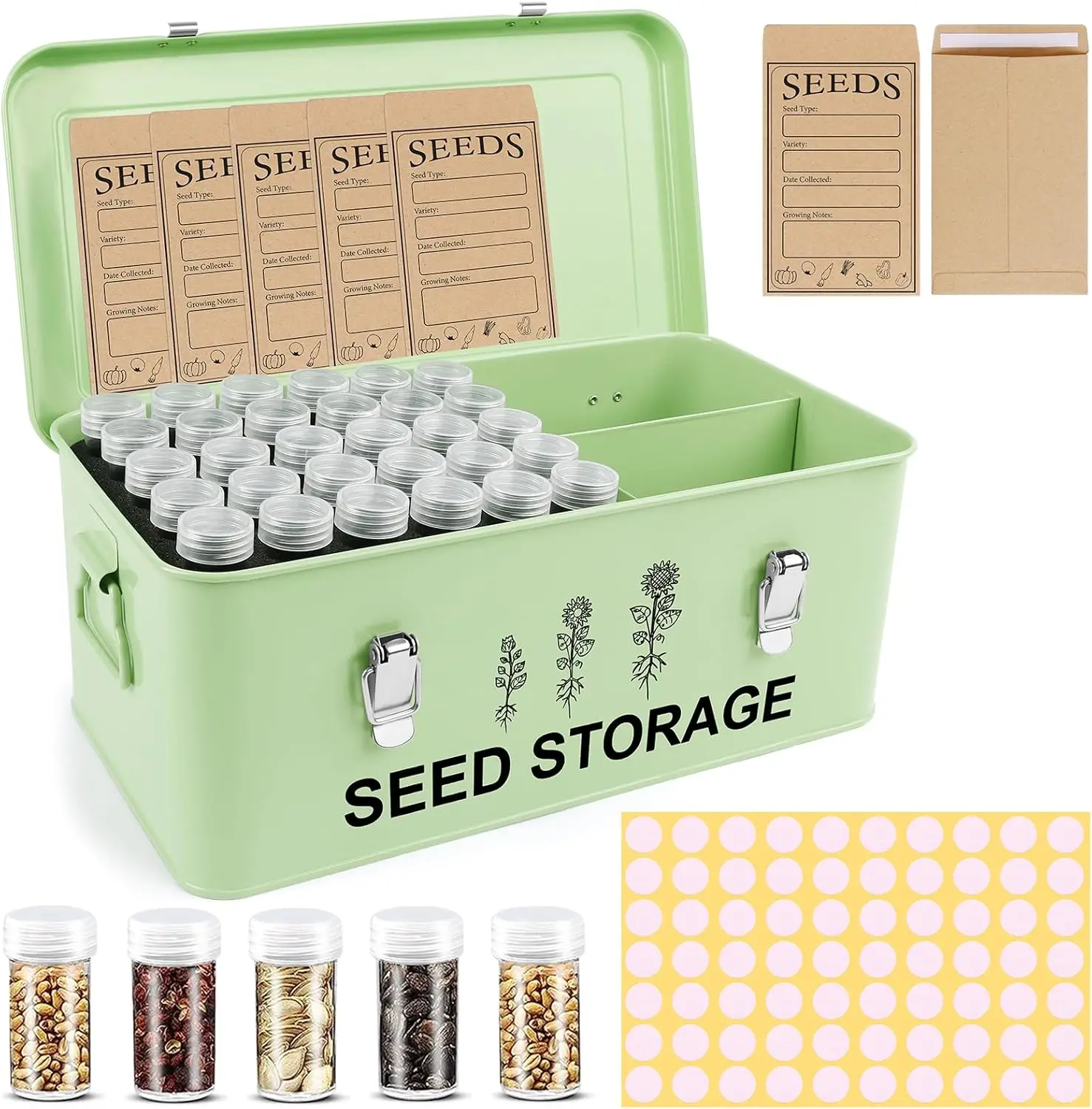 

60-Slot Metal Seed Storage Box with Lock, 3 Compartments, 20 Envelopes & Labels for Garden Organization