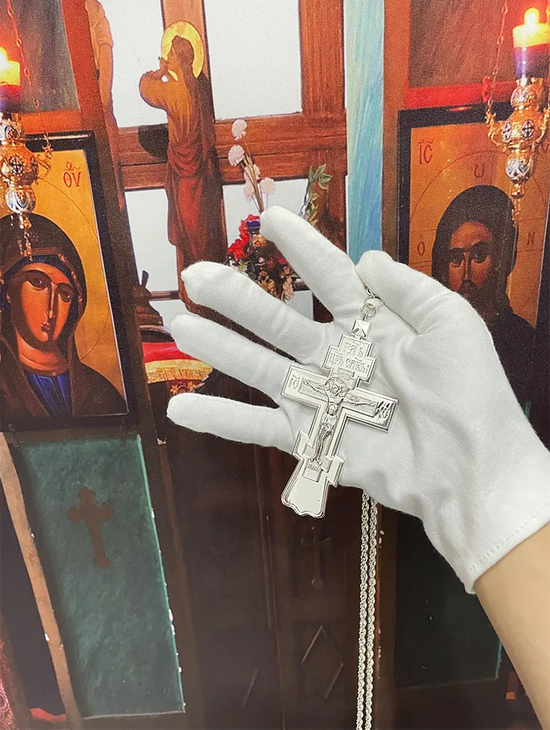 HTISOK Orthodoxes Kreuz Halskette Jesus-Statue Kruzifix Anhänger Brustkreuz mit Kette Religiöse Dekoration & Geschenk Orthodoxes Kreuz – Detail 3