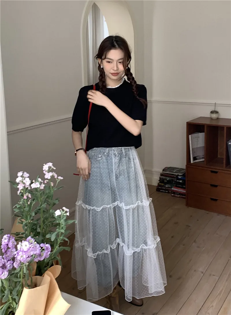 Ladies Mesh Splicing See-through Y2k Skirt Women Clothes Girls Casual Asymmetric Fold on A Skirt Skirts Female Fashion Clothing