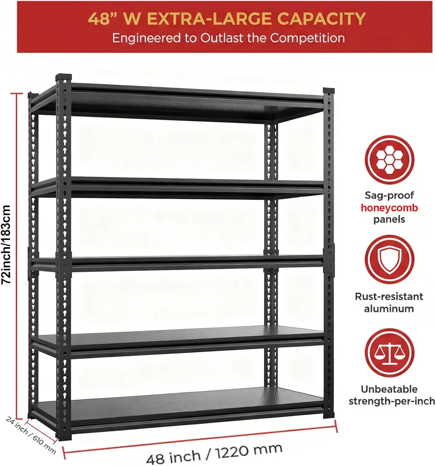 ^Garage Shelving, 5-Tier 3000LBS Heavy Duty Storage Rack with Sag-Proof Aluminum Deck, Adjustable Boltless Shelves 72