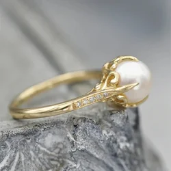 CAOSHI Gold Color Imitation Pearl Ring Bridal Wedding Jewelry Aesthetic Bright Zirconia Finger Accessories for Engagement Party