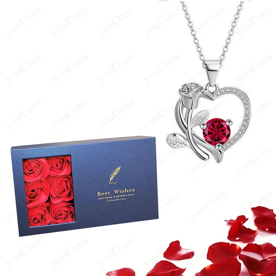 Colares com pingente de coração azul com 6 rosas, caixa de presente para mulheres, amante, mãe, natal 2025, moda romântica, joias de casamento