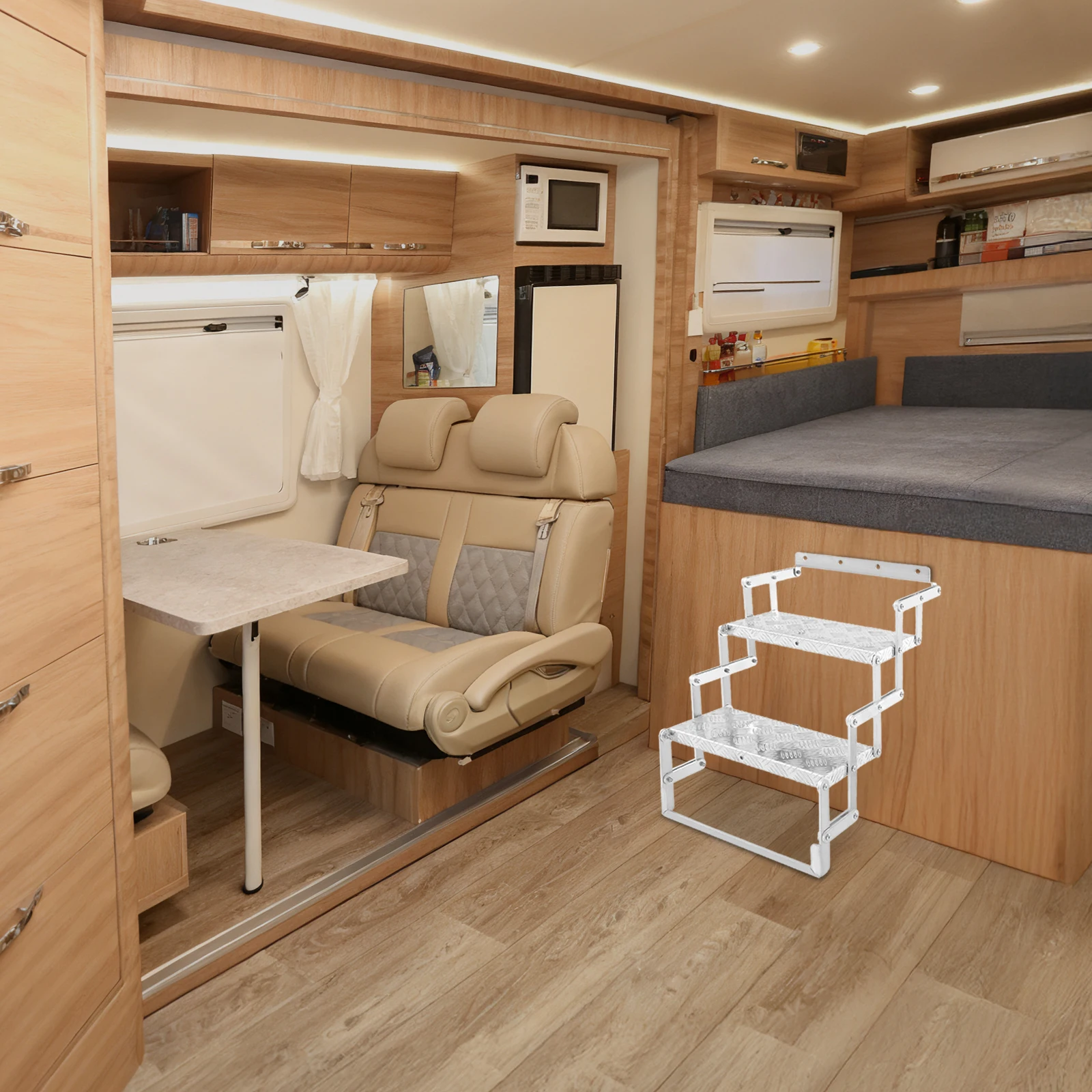 21.37x17x21.18In 2-Step Foldable Step Ladder, Aluminum Alloy+Carbon Steel(Oxidation), Silver, 242.5Lbs Load-Bearing