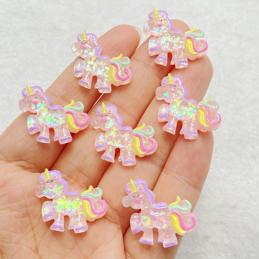 12 Stück niedliche Harz-Cartoon-glänzendes Einhorn mit flacher Rückseite, Scrapbooking, DIY-Schmuck, Handwerk, Dekoration, Zubehör