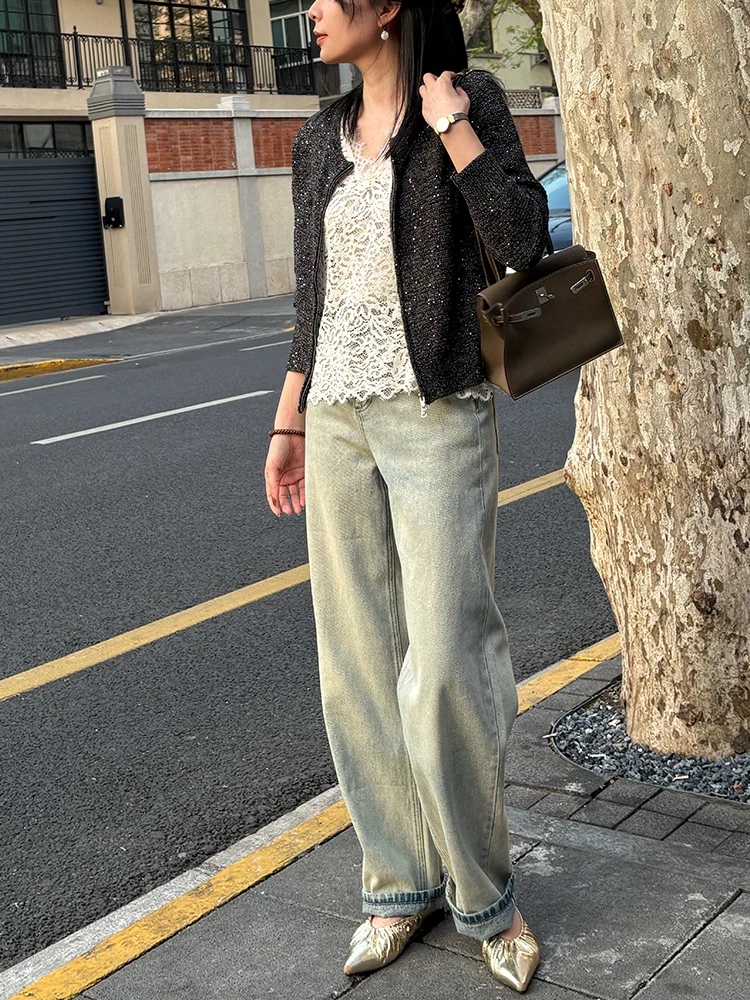 

ZINCCA High Waist Straight Leg Vintage Waed Yellow Clay Dyed Jeans Women's Neutral Sle Cotton Spring Autumn Casual Trousers