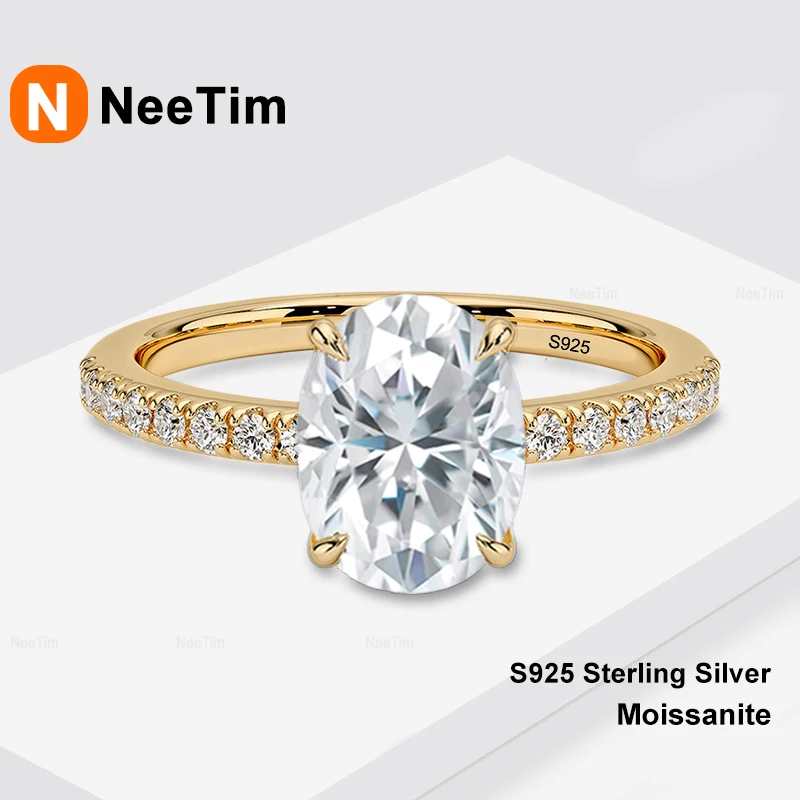 NeeTim 1ct-8ct Oval Cut Moissanite Rings for Women Sparkling Full Moissanite S925 Sterling Silver with Gold Plated Wedding Rings