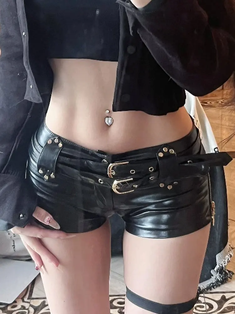 

Модные шорты из искусственной кожи, сексуальные бандажные ультракороткие брюки из искусственной кожи, винтажные шорты для ночного клуба с низкой талией, боковая молния, открытая танцевальная одежда