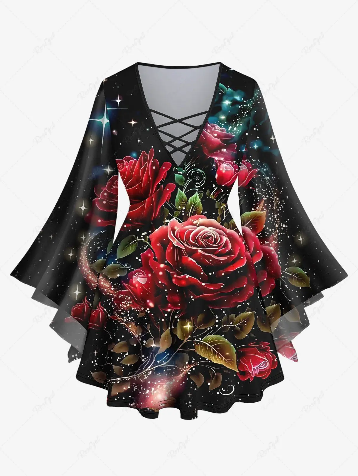 Women\'s New Daily Casual Matching Set Rose Flowers Star Glitter Sequin 3D  Print Crisscross Flare Sleeve Top Or Flare Pants