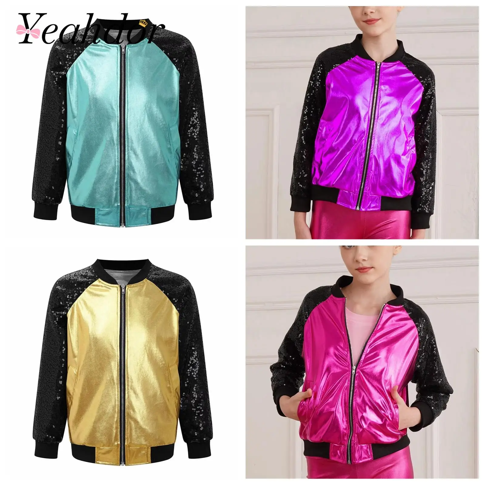 

Fashion Girls Shiny Sequins Coat Kids Jackets Streetwear Zipper Metallic Jacket for Girl Children Jazz Dance Costume Outerwear