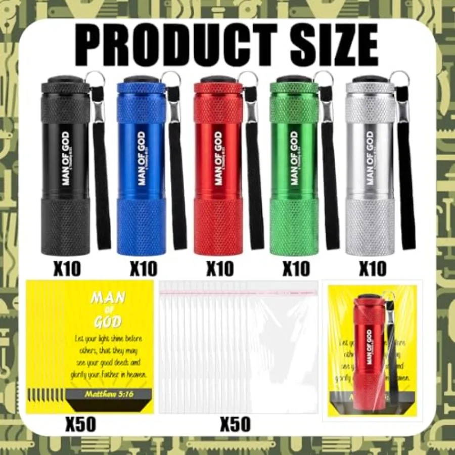 50 Sets Man of God Gifts Mini Flashlights Bulk Bright Aluminum 9 LED Handheld Flash Light with Christian Bible Verse Cards for