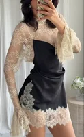 Sexy Lace Patchwork Mini Dress Women Elegant Full Flared Sleeve Waist Cinching See Through Short Dresses Lady Club Party Gowns - Image 3