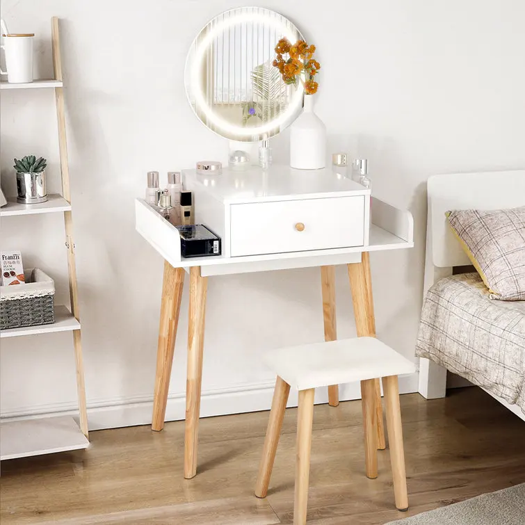 Comò intelligente da 28 pollici di larghezza con sgabello e specchio Comò elegante, moderno e semplice