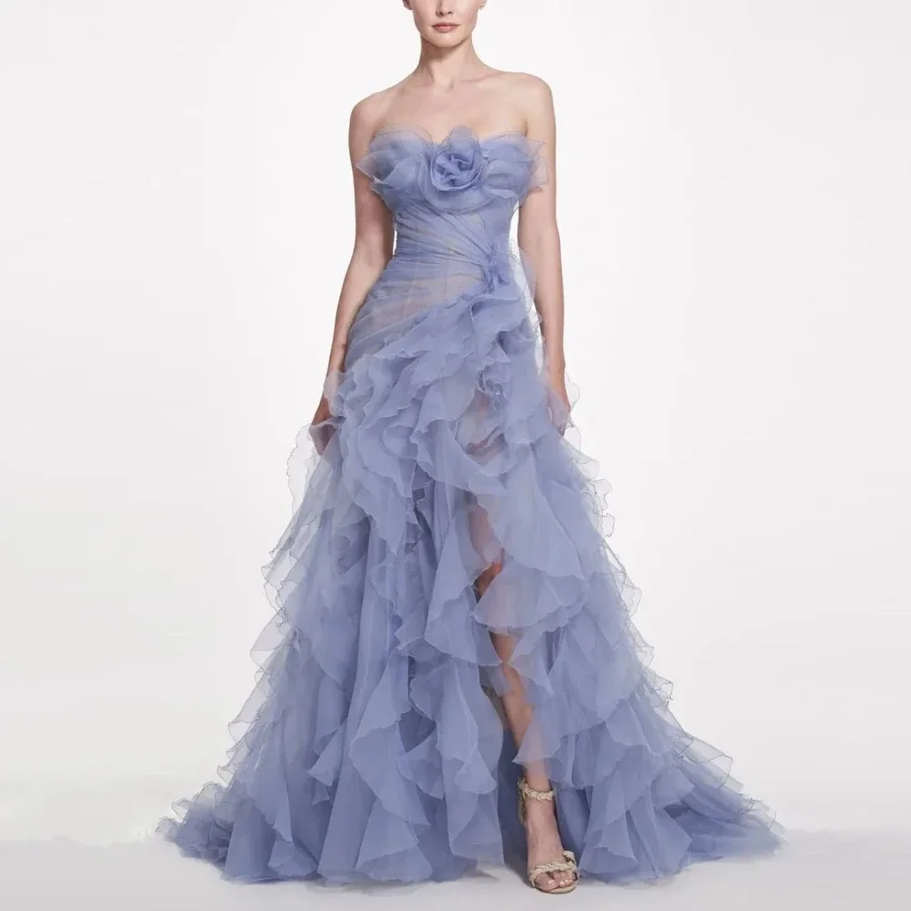 

QR Sexy Party Gowns For Women Tulle Illusion Romantic Strapless A Line Evening Dresses Split Sleeveless Floor Length Prom Dress