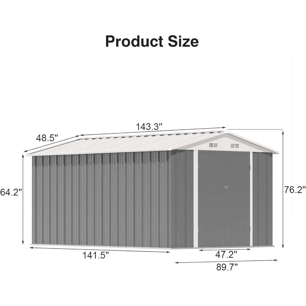 12 X 8 FT Outdoor Storages Shed, Steel Shed Storage House with Design of Lockable Doors, Utility and Tool Storages