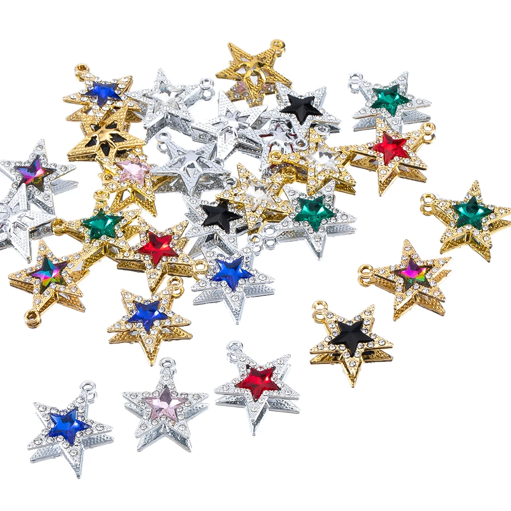 5pcs Sparkling Star Crystals Rhinestones Metal Charms 21x24mm Pentagram Alloy Pendants for DIY Jewelry Making Accessories