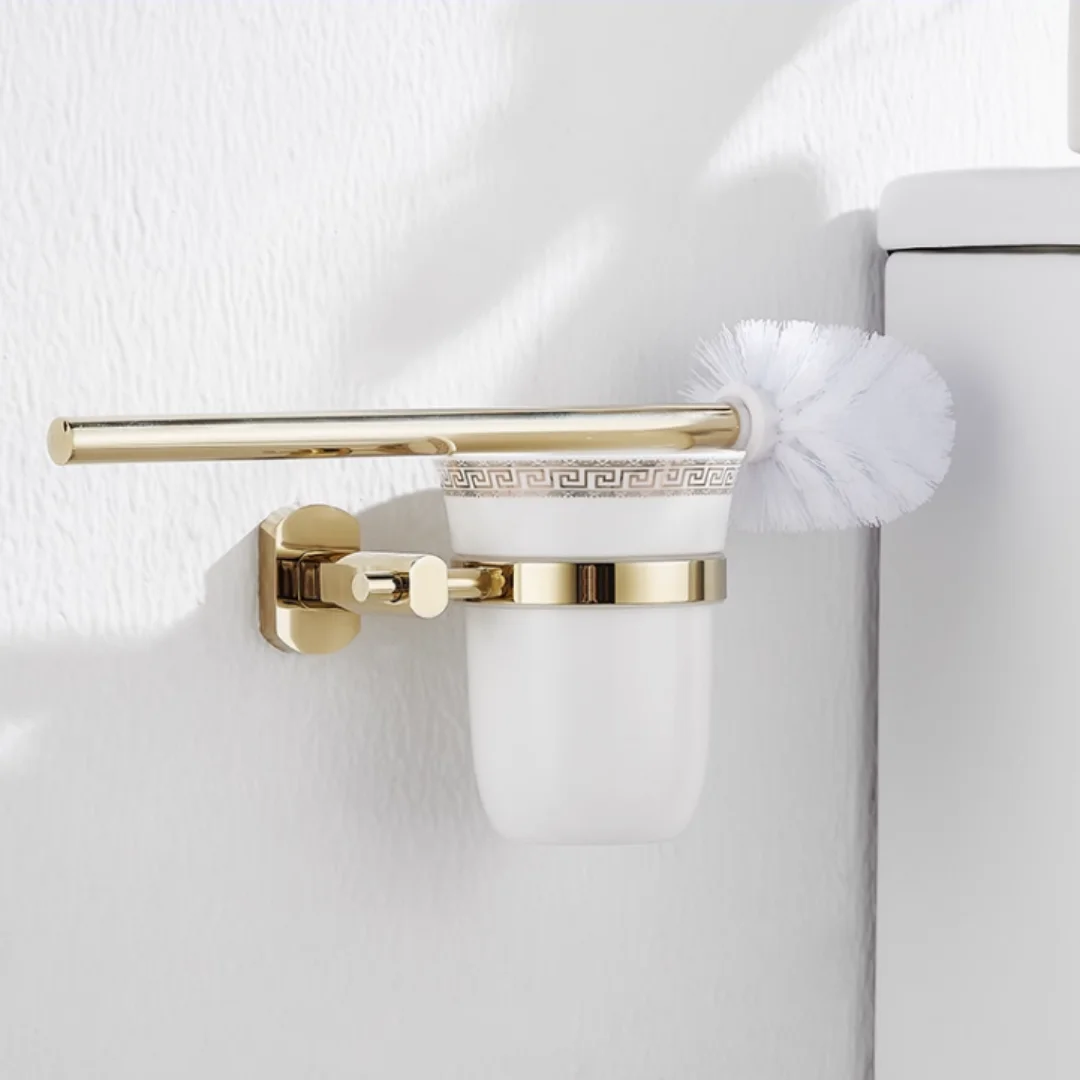 Tuqiu Gold Toilet Brush Holder with Brush Brass Wall Mounted Chrome Bathroom Toilet Scrub Cleaning Brush Holder Set