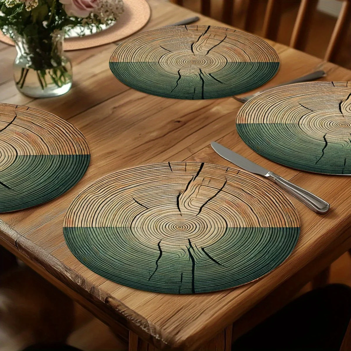 VIKAMA Two Tone Tree Ring Round Placemat Vintage Wood Slice Table Mat Waterproof Heat Resistant Plate Pad Farmhouse Dining Decor