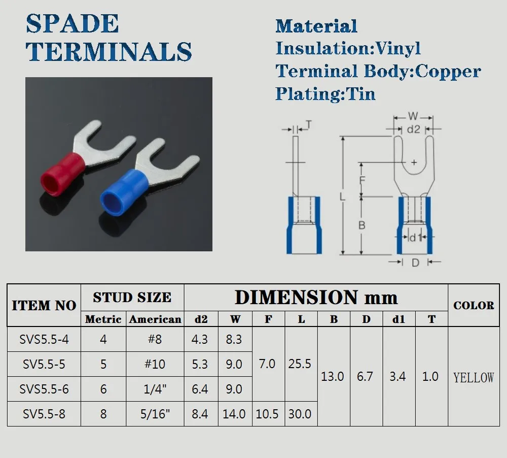 100-500PCS Insulated Crimp Terminals SV5.5-4/5/6/8 Pure Copper Ferrule Terminals Spade Connectors Electrical Use For Cable 4-6mm