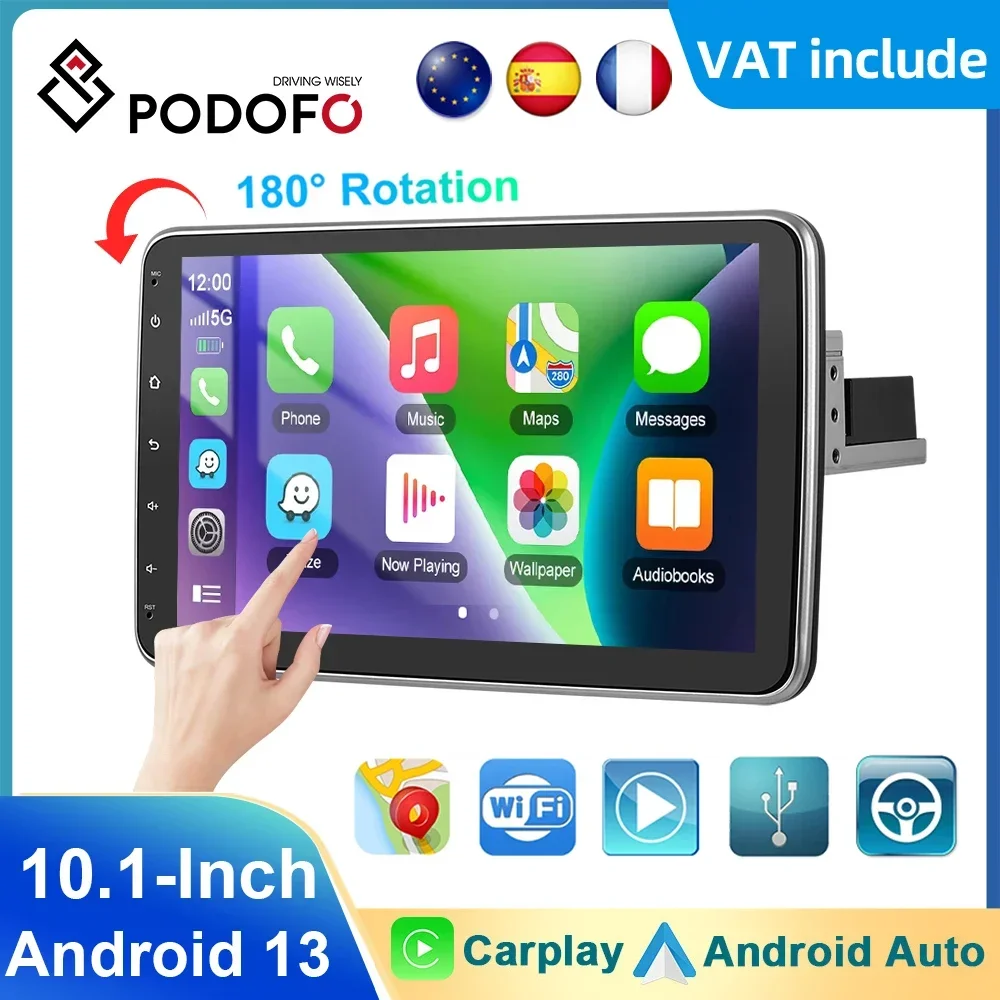 Podofo 1din Android 10.1inch Car Stereo Radio Rotate Touch Screen For Universal Carplay GPS Navigation Bluetooth WIFI autoradio