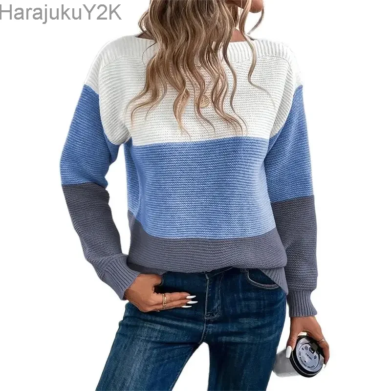 Elegant Three-color Patchwork Sweater Women Daily Commuter Casual Loose Jumpers Female Autumn Winter Knitted Thickened Warm Tops