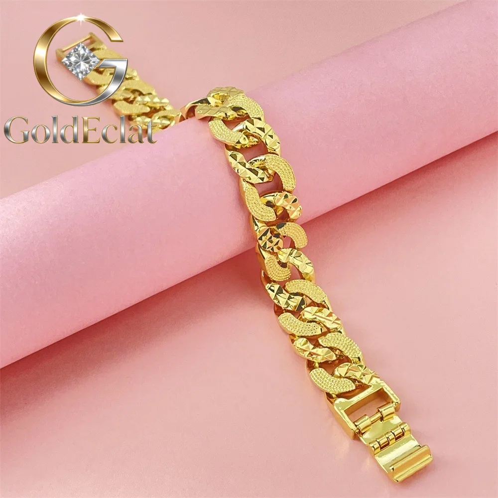

GoldEclat Luxury 24K 9999 Pure Gold real gold Men's flat boss bracelet 13MM bracelet