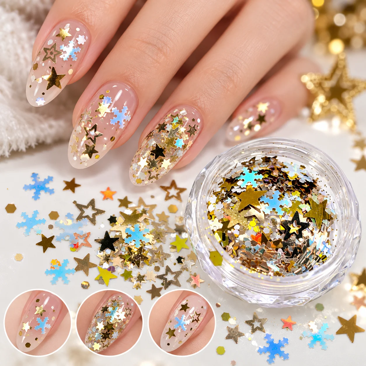 1Box 3D Christmas Nail Art Sequins Charm Gold Star Snowflake Glitter Mix Holographic Nail Decoration for Gel Polish Manicure DIY