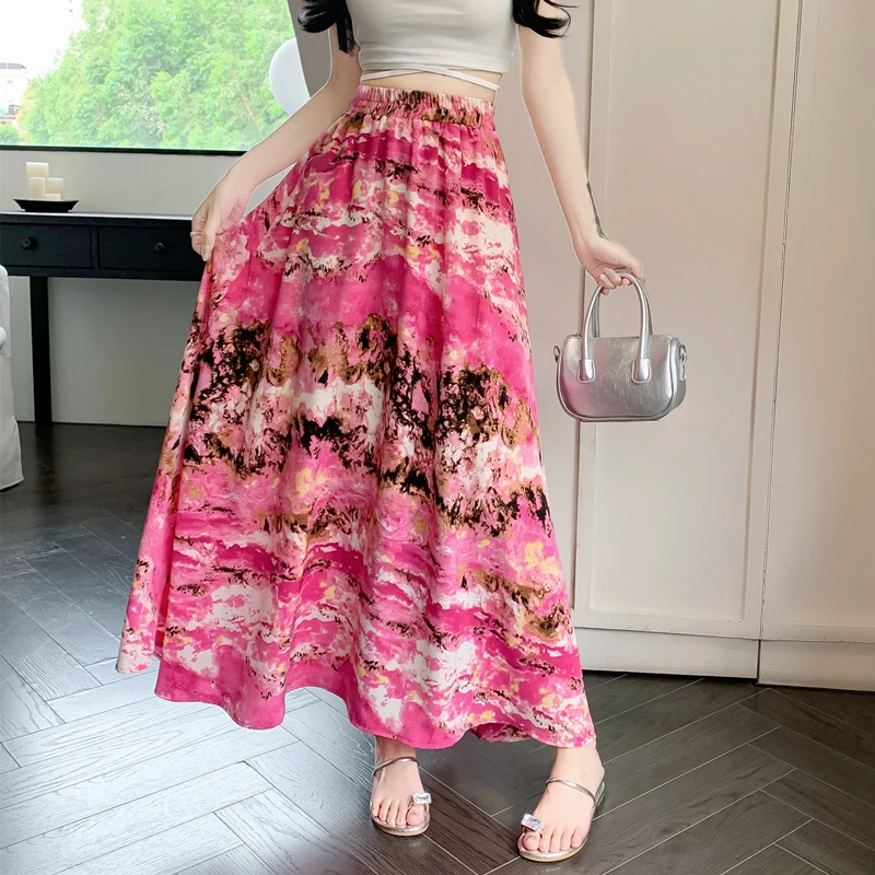 2024 New Spring Summer Women Elastic High Waist Slim Long Skirt High Quality Elegant Vintage Oil Painting Floral Skirt